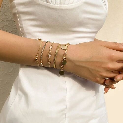 Boho Flat Snake Bone Chain Rhinestone Sequin Pendant Bracele