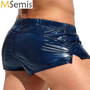 Mens Glossy Swimming Trunks Low Rise Sides Slit Solid Color