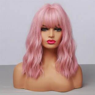 HAIRCUBE Wavy Synthetic Wig With Bangs Short Bob Pink Wigs C