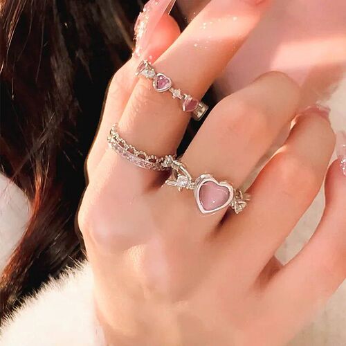 Pink Love Heart Rings for Women Opening Personality Thorn Fi