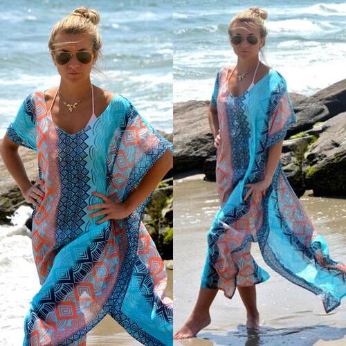 Boho Summer Printing Beach Dress Women Bathing Suit Cover Up