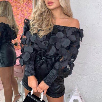 Fashion Elegant Slash Neck Puff Sleeve Blouse Women Patchwor