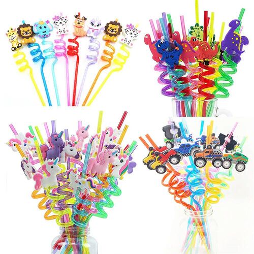 8pcs 25cm Reusable Unicorn Dinosaur Car Straws Birthday Unic