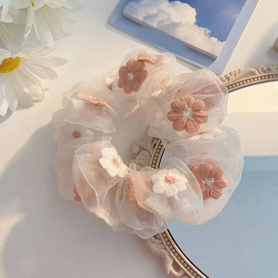 Sweet Embroidery Flowers Mesh Scrunchies Women Romantic Pink