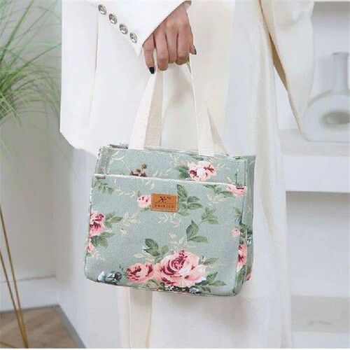 Canvas Floral Print Lunch Bag, Insulated Large Capacity