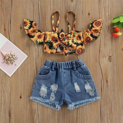 2025 Summer Girls Clothing Set Off Shoulder Sunflower Blouse