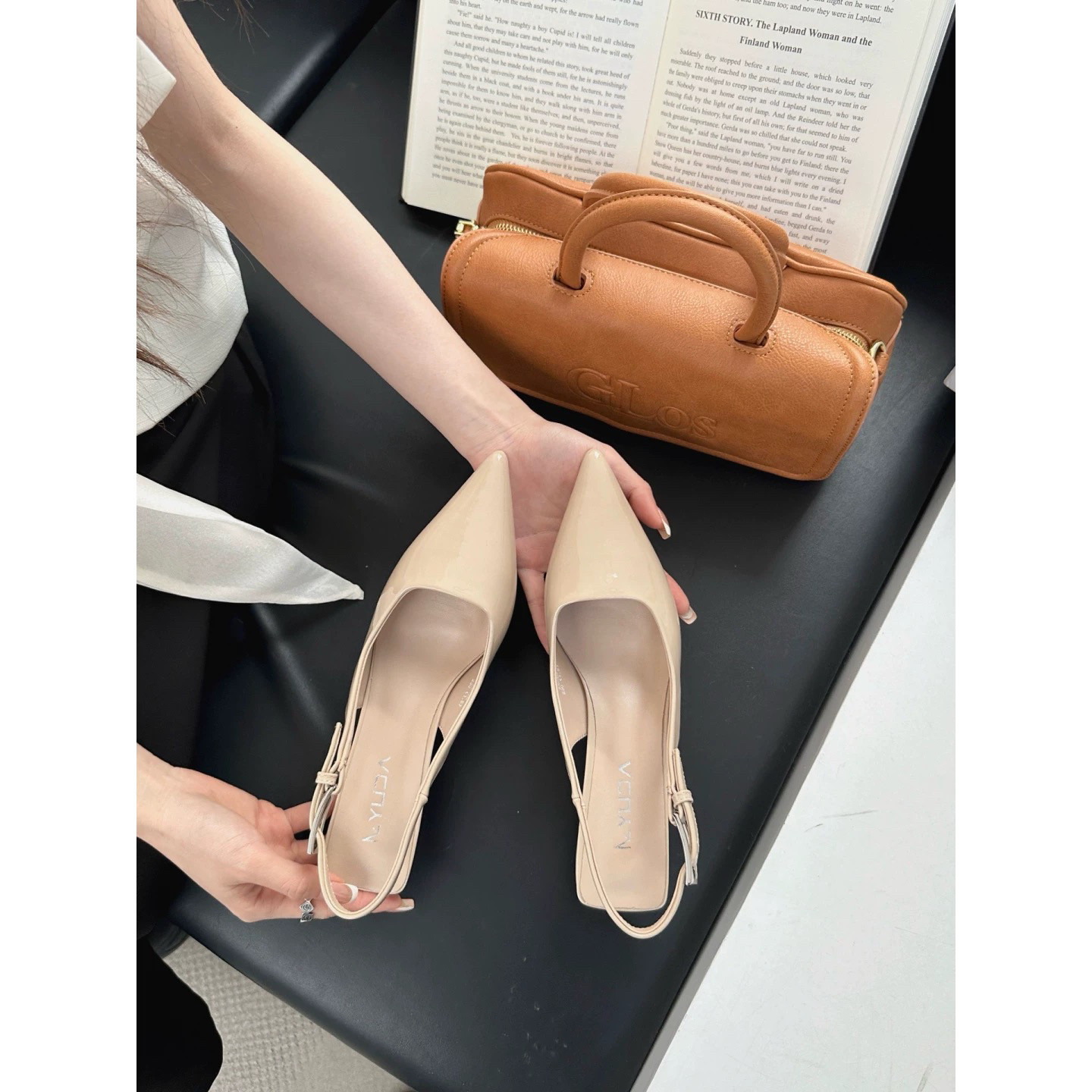 大尧【小金条】裸色高跟鞋夏季细跟漆皮尖头后空凉鞋女51126