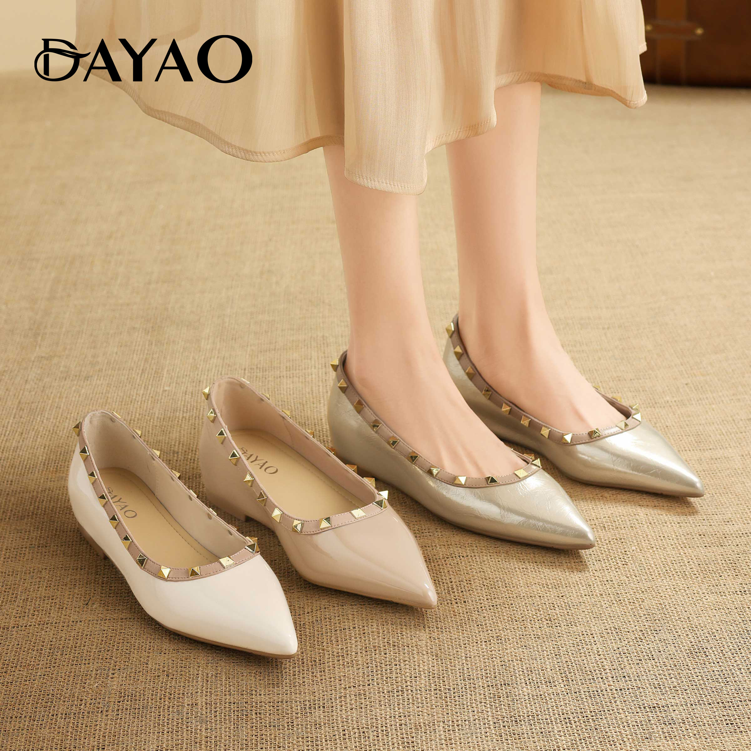 大尧26年春季新款法式铆钉尖头平底内增高浅口女鞋单鞋百搭D643