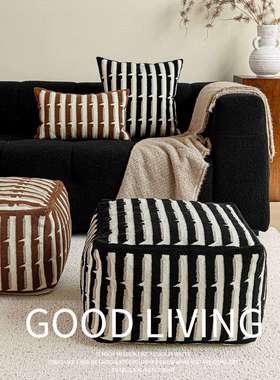 中古风黑色咖色条纹立体浮雕绣客厅坐墩脚凳懒人沙发蒲团坐垫墩子