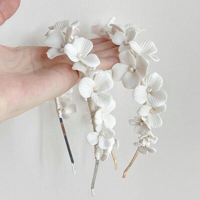 Handmade White Porcelain Flower Crown Bridal Headpiece Tiara
