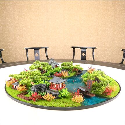 酒店餐桌摆件大圆桌创意装饰转盘中间摆花仿真山水造景微景观摆设
