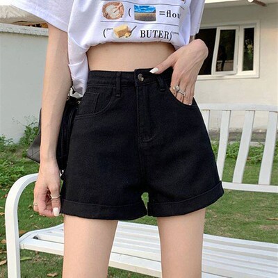 Curled Denim Shorts Womens Summer New High Waist Loose Slim