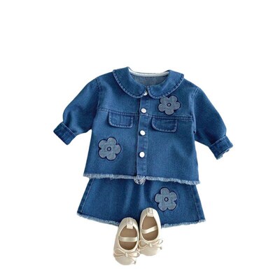 Girls Denim Set 2025 Spring Childrens Lapel Embroidery Jacke
