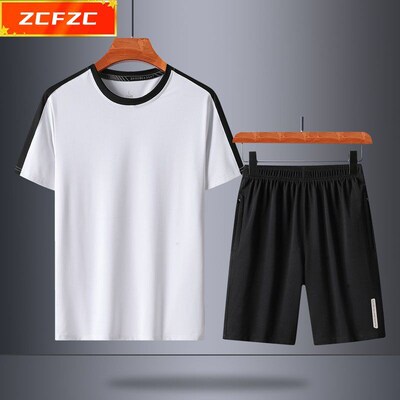 Ice Silk Suit Mens Simple All-Match Summer Round Neck Slim-