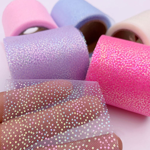 6cm*5Yards Symphony Silver Dot Mesh Curly Rainbow Tulle Bow