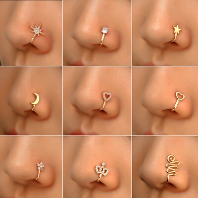 1Pc Copper Fake Piercing Nose Ring Heart Star Crown Clip On