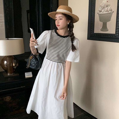 Gentle Waist Dress Womens Summer Striped Stitching Dress Fa