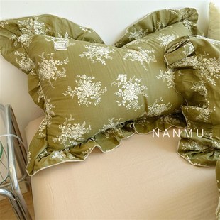 春风也沉醉复古森系全棉层纱四件田园风芥末绿花边被1.8m