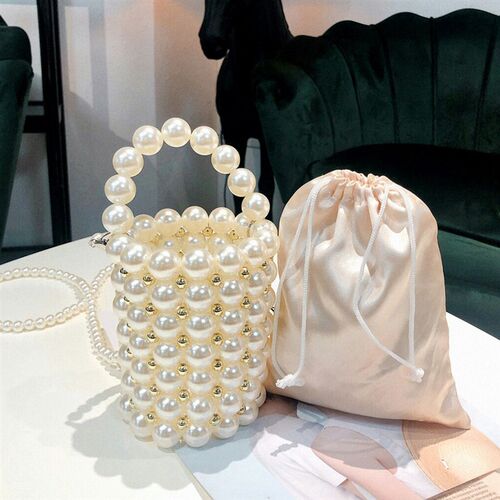Handmade Big Pearl Bucket Bag Women Hand Woven High Quality