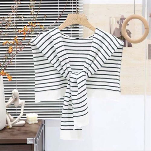 Striped Old Qian Style Knitted Shawl Shirt With Outer Sleeve