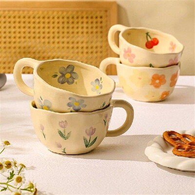 Hand Pinched Irregular Flower Ceramic Mugs Coffee Cups Milk