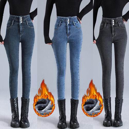 Women Thermal Jeans Winter Snow Warm Stch High Waist Jeans L