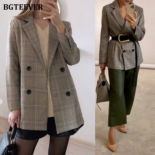 Office Ladies Notched Collar Plaid Women Blazer Double Breas