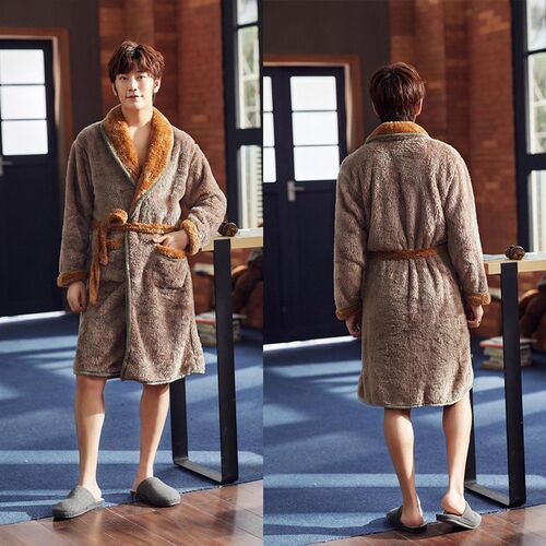 Men Winter Long Coral Fleece Bathrobe Kimono Thick Warm Flan