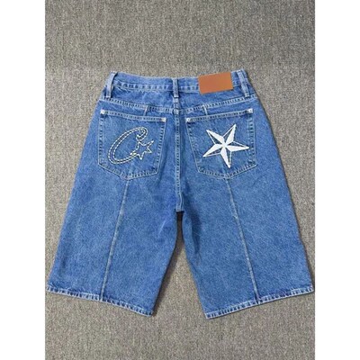 HOUZHOU Vintage Star Embroidered Jorts Y2k Hip-hop Oversized