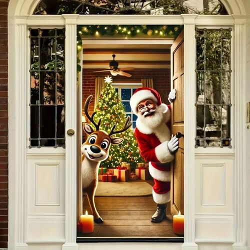 Winter Santa Claus Christmas Deer Door Cover Decoration Hang