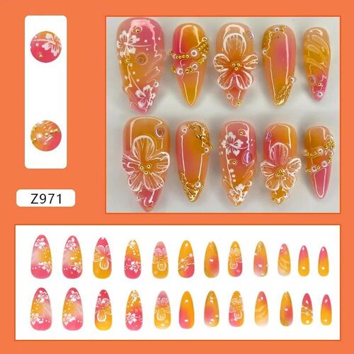 24pcs White Flower Fake Nail Tips Ins Yellow Pink Blush Fals