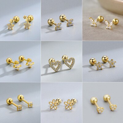 2Pcs Helix Ear Piercing Stud Earrings for Women Zircon Heart