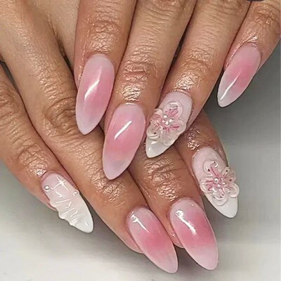 24pcs Short Almond Press on Nails 3D Flower Butterfly Fake N