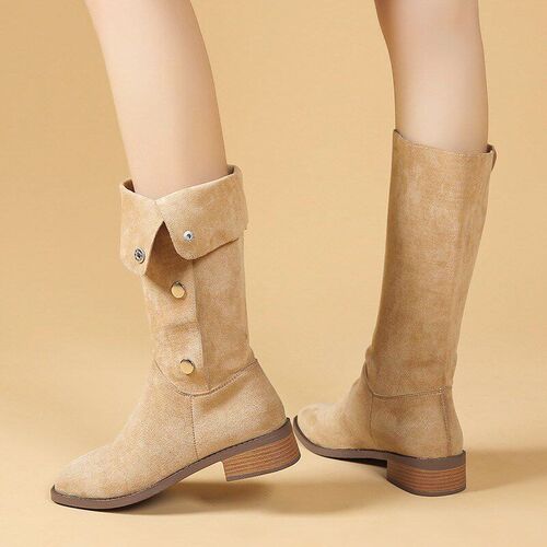2025 Fall Winter Plain Stacked Boots Simple Versatile Long B