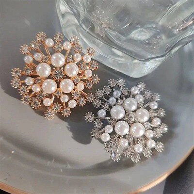 Luxury Snowflake Pearl Crystal Brooch Large Snowflake Flower