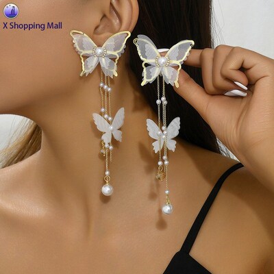 Tassel Stud Earrings Lace Diamond-Embellished Pearl Earrings