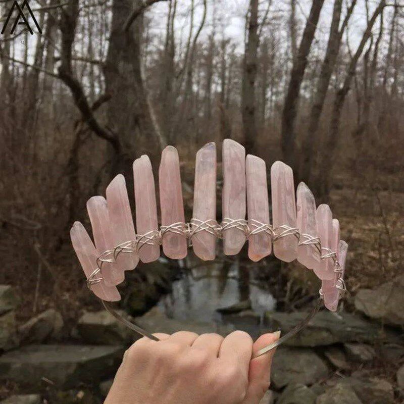 Silvery Wire Wrapped Pink Quartz  Point Crown Tiara Headband