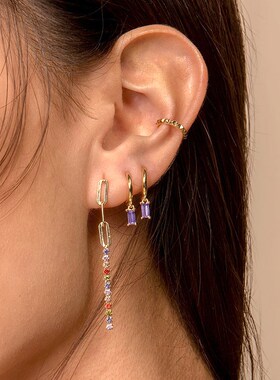 925 Sterling Silver Needle Purple Zircon Crystal Hoop Earrin