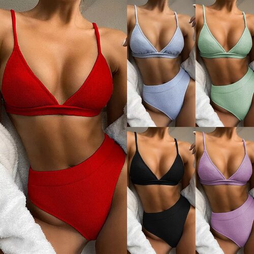 Push Up Bikini Set Swimsuits High Waist Swimwear Women Ribbe