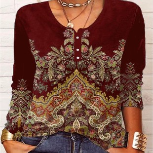 Vintage Ethnic Style Tops Women O Neck Splicing Button Loose