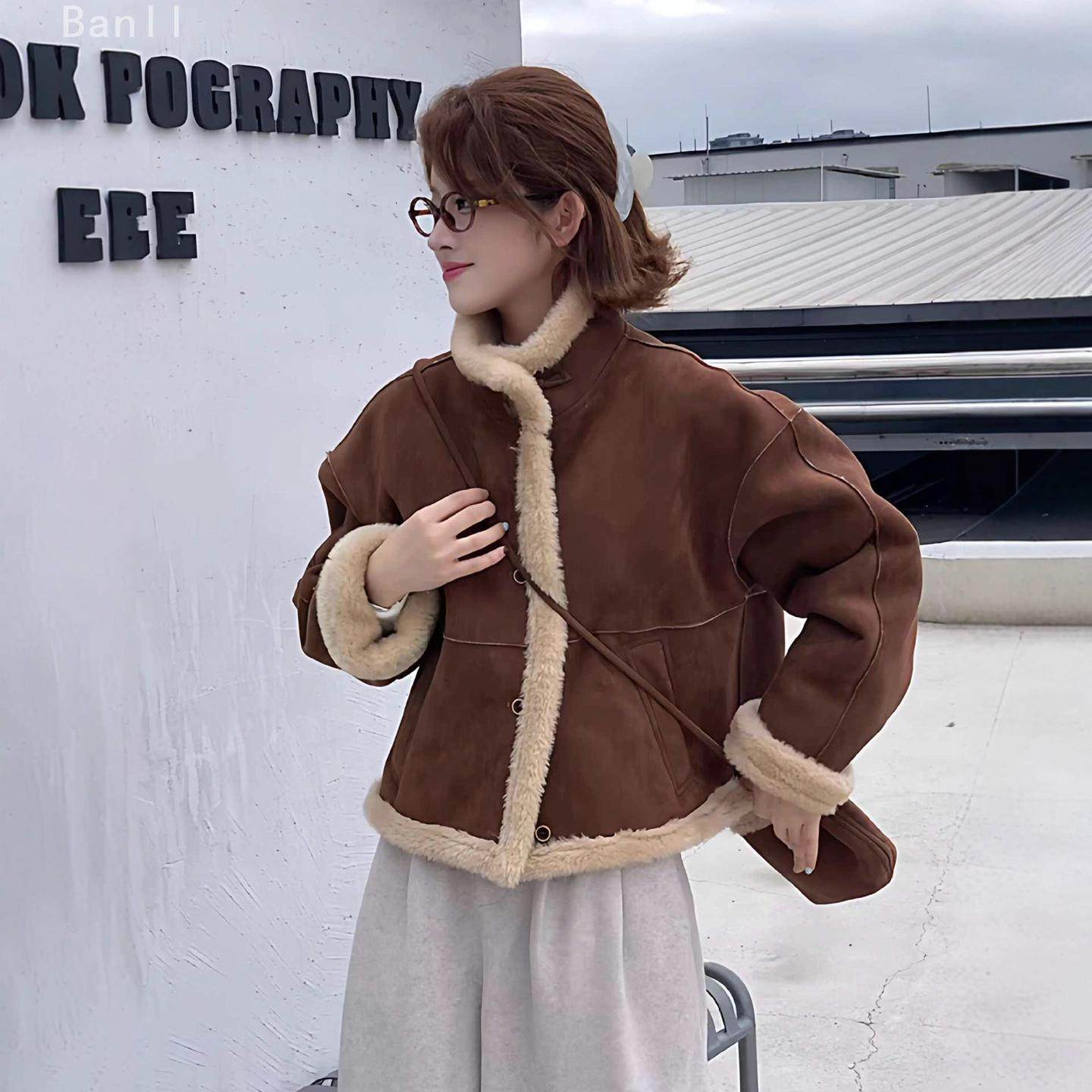 2025韩系复古立领羊羔毛外套女短款加厚小个子皮毛一体机车服夹克,女装/女士精品,短外套,淘宝优惠券,粉丝福利购,淘宝优惠卷