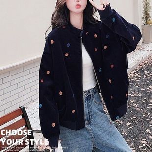 小花刺绣立领女外套秋冬胖人显瘦外套加绒宽松慵懒风拉链卫衣外套