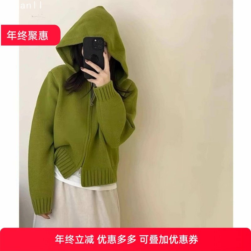 韩系双拉链连帽针织开衫女秋冬多巴胺穿搭慵懒风短款毛衣外套上衣,女装/女士精品,短外套,淘宝优惠券,粉丝福利购,淘宝优惠卷