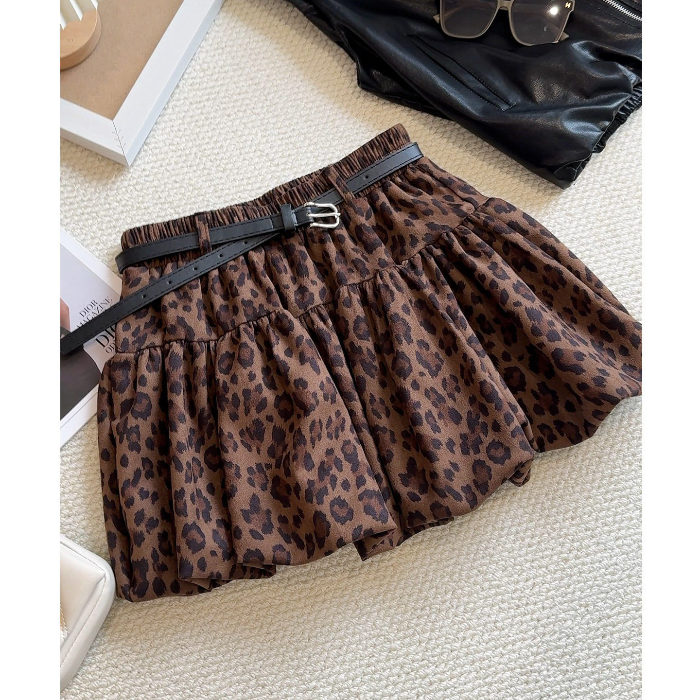 秋冬新款麂皮绒豹纹花苞裙半身裙