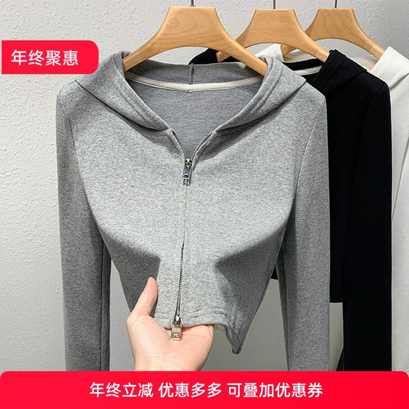 拉链连帽卫衣女灰色v领长袖小个子短款休闲外套春秋2025新款女装
