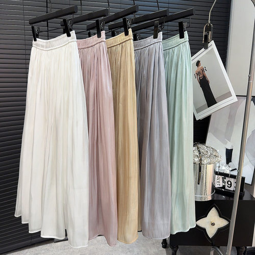 高级光泽感珠光鎏光纱雪纺百褶裙