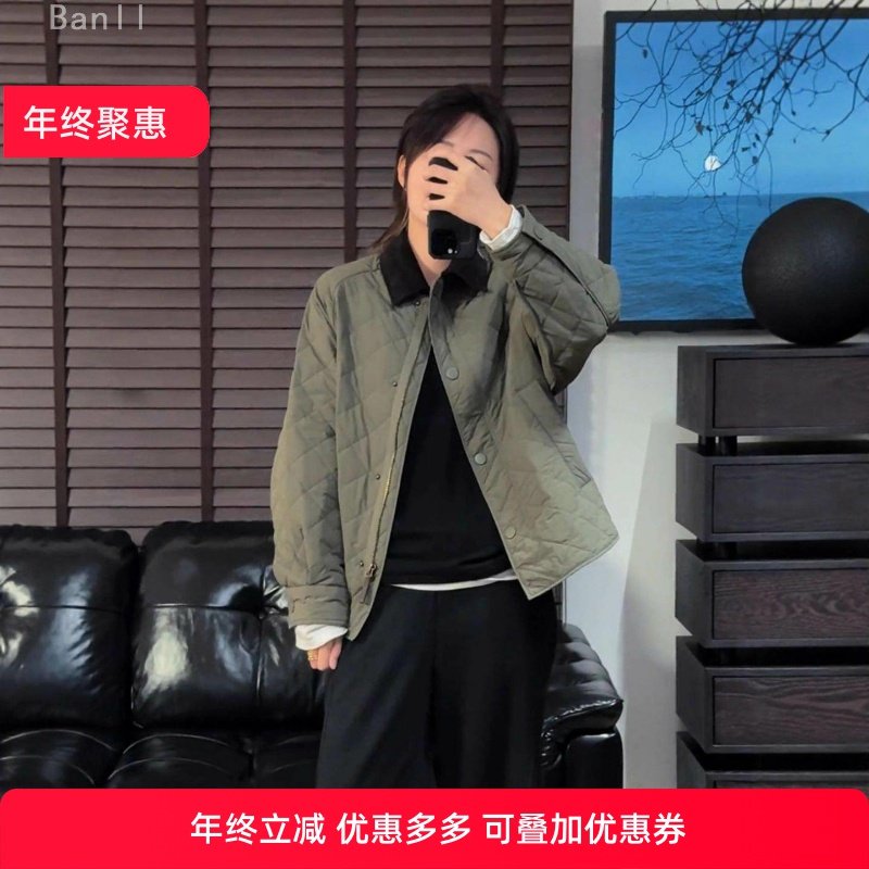 韩版灯芯绒翻领拼接菱格棉服外套女秋冬2025新款显瘦薄款夹棉上衣,女装/女士精品,大码棉服,淘宝优惠券,粉丝福利购,淘宝优惠卷