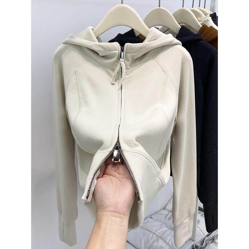 连帽双拉链卫衣开衫外套女冬季新款加绒修身显瘦短款休闲保暖上衣