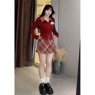 长袖 大码 格纹短裙圣诞套装 女秋冬立体针织衫 胖mm学院风辣妹套装