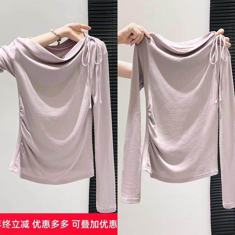 紫色系带一字领长袖t恤女2025秋季新款修身显瘦褶皱气质露肩上衣,女装/女士精品,T恤,淘宝优惠券,粉丝福利购,淘宝优惠卷